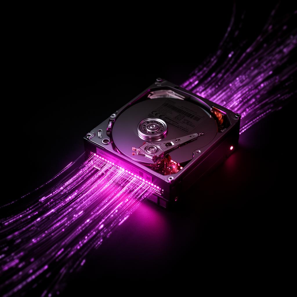 Disco duro con flujos de datos iluminados en púrpura