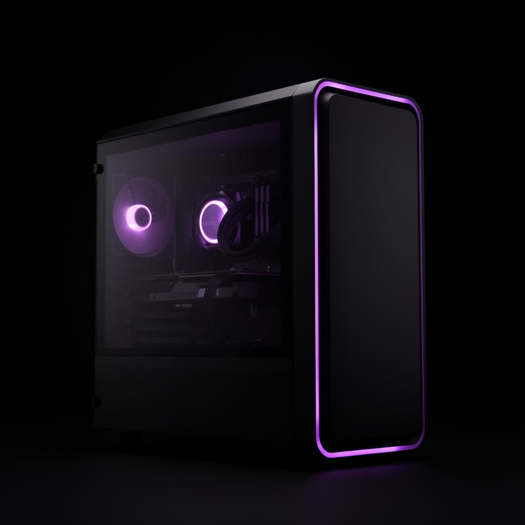 Computador de escritorio con iluminación púrpura sutil